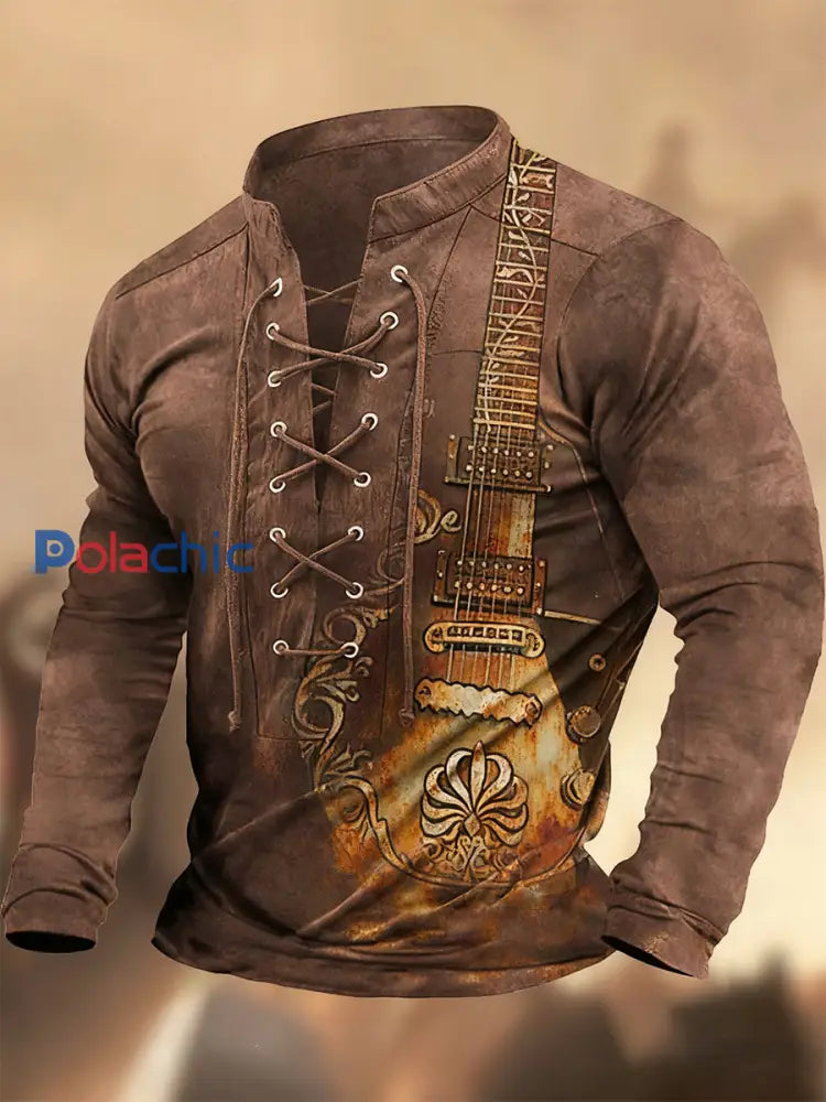 Vintage Western Art Print Country Style col en V Henley chemise à manches longues A / S