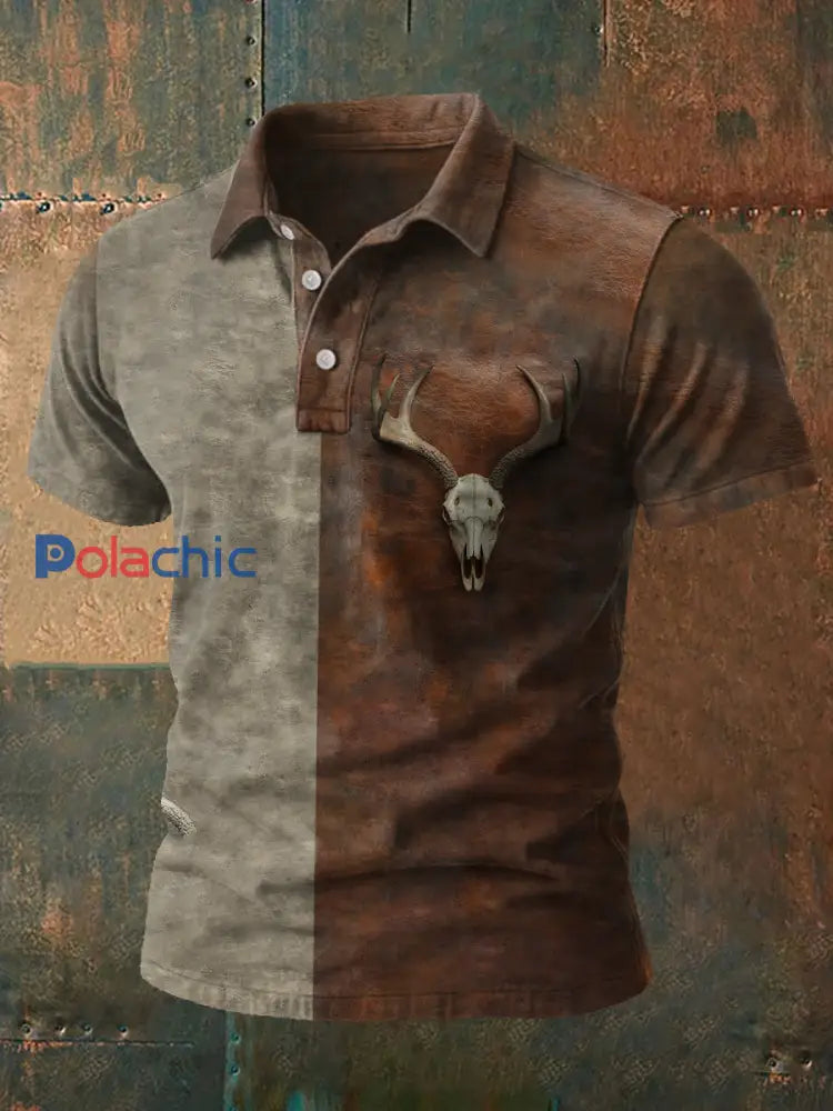 Western Retro Style Elk Skull Imprimé Casual Tops pour hommes Café / S