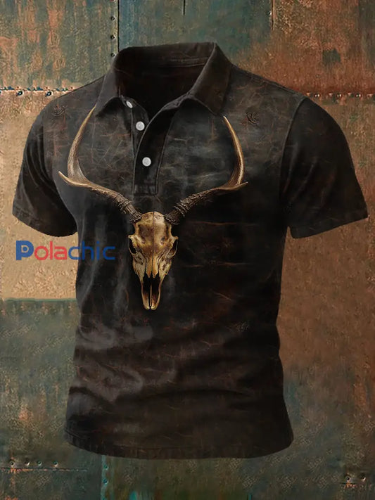 Western Retro Style Elk Skull Imprimé Casual Tops pour hommes comme image / S