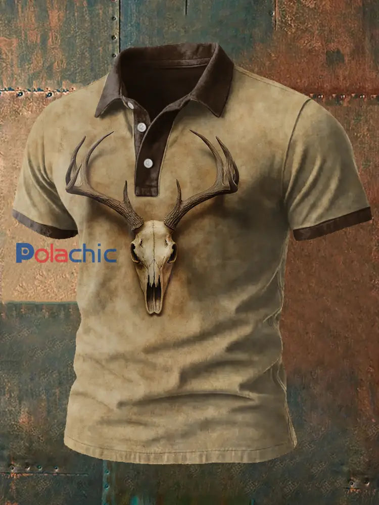 Western Retro Style Elk Skull Imprimé Casual Tops pour hommes Kaki / S
