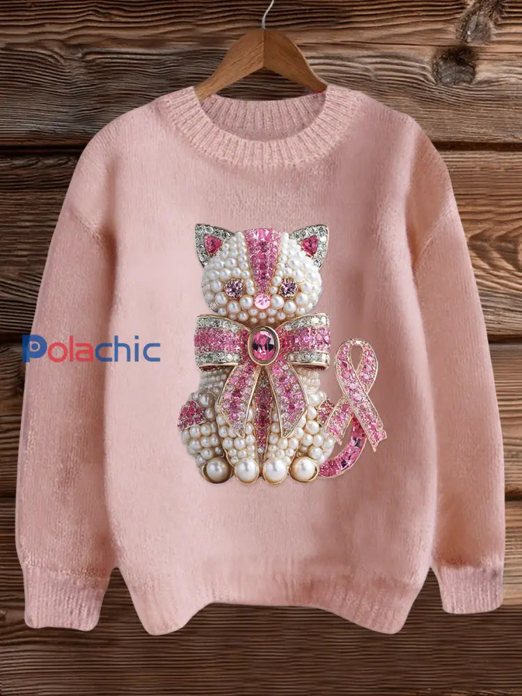 Women’s Breast Cancer Awareness Cat Imprimer Sweatshirt Rose / S