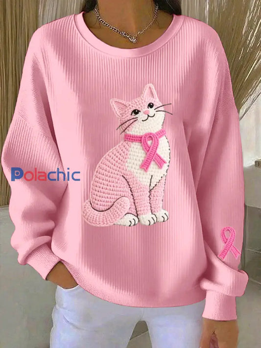 Women’s Breast Cancer Awareness Cat Motif Sweatshirt Rose / S