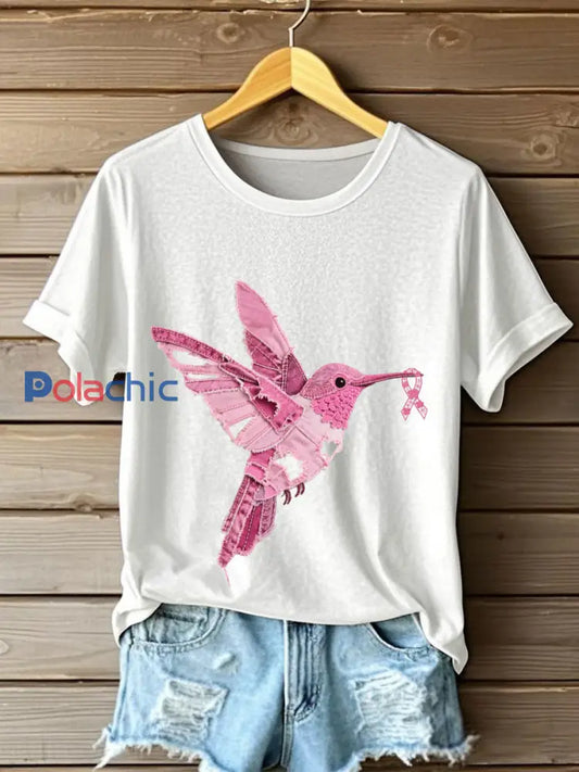 Women’s Breast Cancer Awareness Denim Hummingbird Imprimer T-Shirt Blanc / S