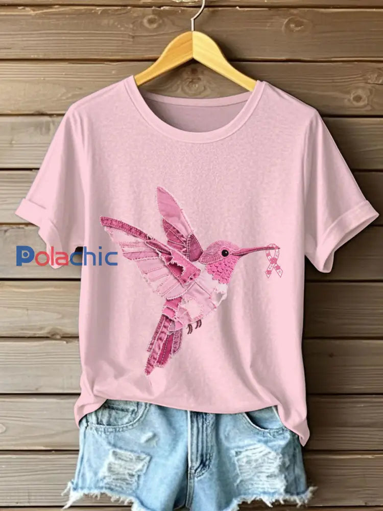 Women’s Breast Cancer Awareness Denim Hummingbird Imprimer T-Shirt Rose clair / S