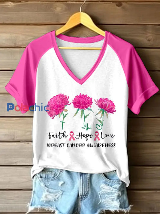 Women’s Breast Cancer Awareness Faith Hope Love T-shirt imprimé Rose / S