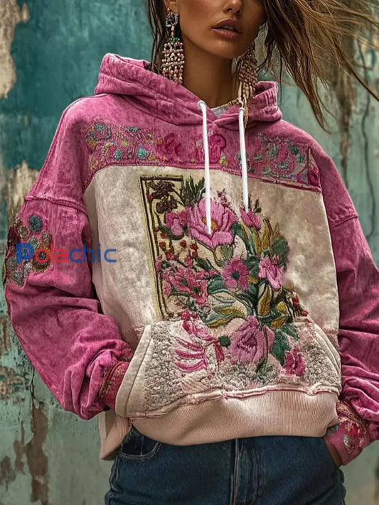 Women’s Breast Cancer Awareness Floral Art Imprimé Hoodie Rose / S
