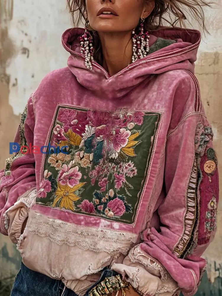 Women’s Breast Cancer Awareness Floral Art Imprimé Hoodie Rose / S