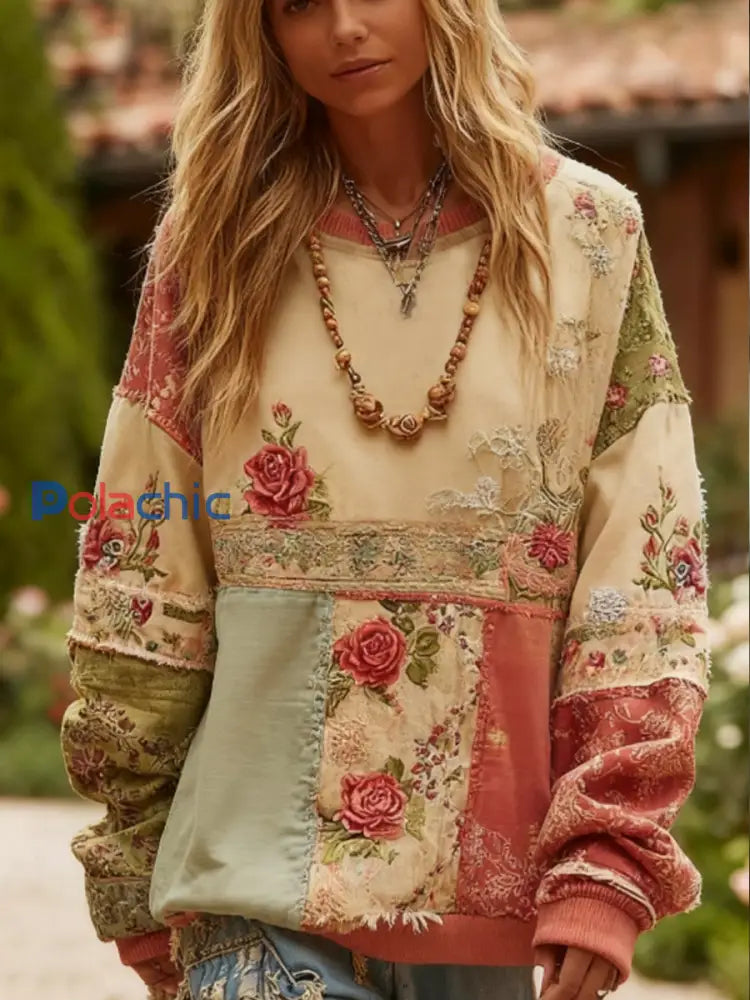 Women’s Breast Cancer Awareness Floral Patchwork Crew Neck Sweatshirt Rose / S
