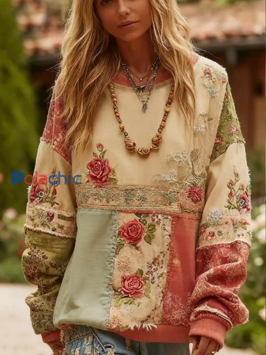 Women’s Breast Cancer Awareness Floral Patchwork Crew Neck Sweatshirt Rose / S
