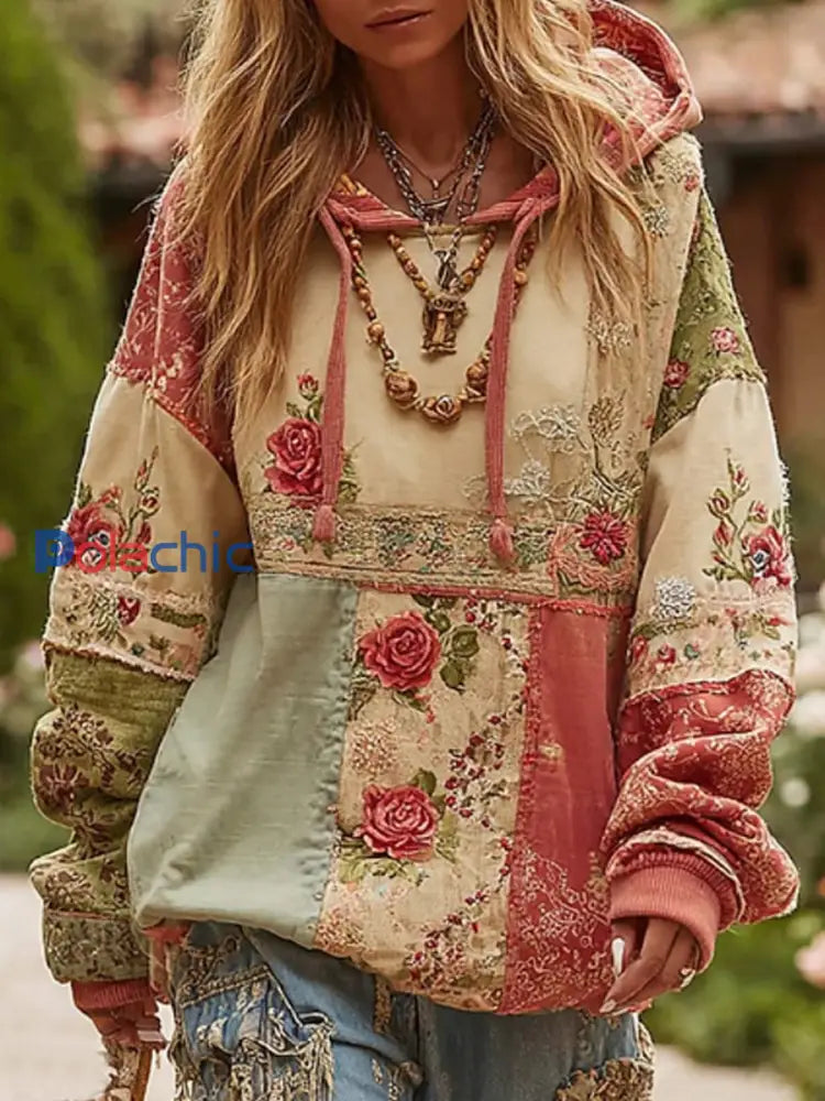 Women’s Breast Cancer Awareness Floral Patchwork Hoodie Rose / S