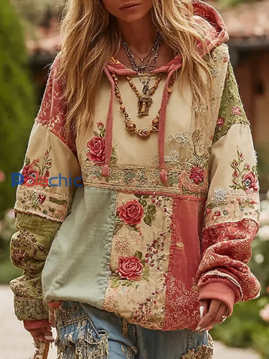 Women’s Breast Cancer Awareness Floral Patchwork Hoodie Rose / S