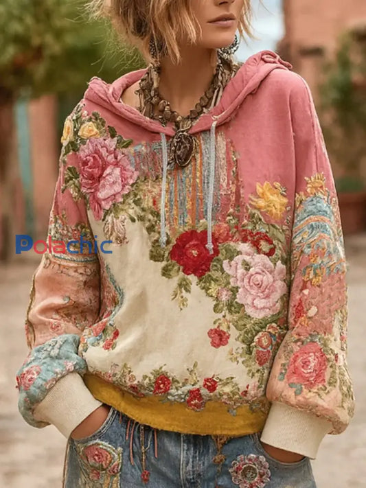 Women’s Breast Cancer Awareness Floral Patchwork Hoodie Rose / S