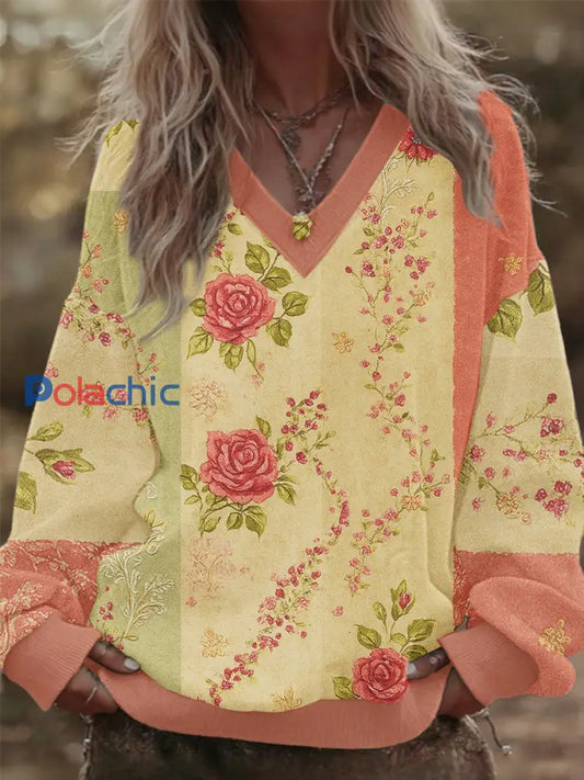 Women’s Breast Cancer Awareness Floral Patchwork V-Neck Sweatshirt Rose / S
