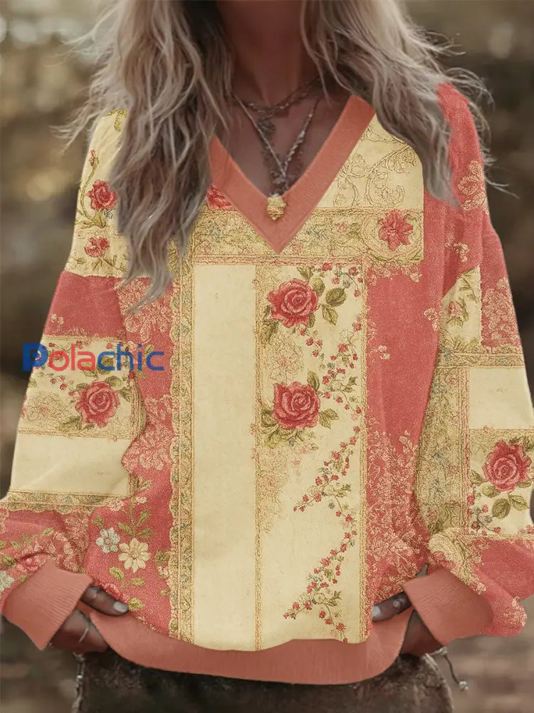 Women’s Breast Cancer Awareness Floral Patchwork V-Neck Sweatshirt Rose / S