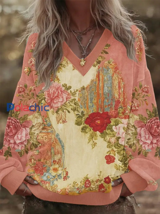 Women’s Breast Cancer Awareness Floral Patchwork V-Neck Sweatshirt Rose / S