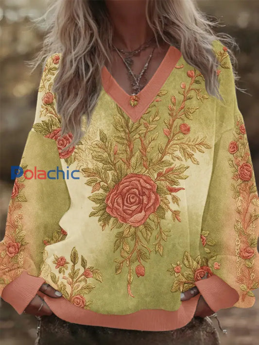 Women’s Breast Cancer Awareness Floral Patchwork V-Neck Sweatshirt Rose / S