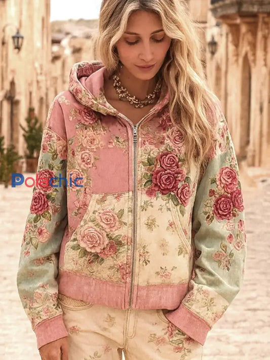 Women’s Breast Cancer Awareness Floral Patchwork Zip-Up Hoodie Rose / S
