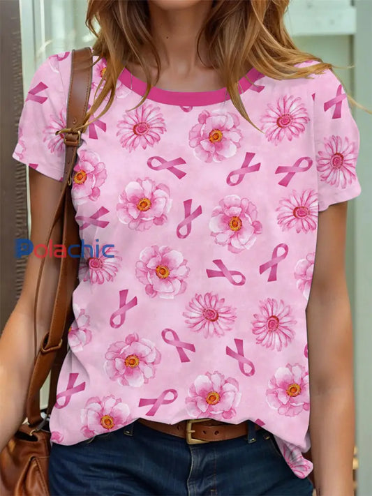 Women’s Breast Cancer Awareness Floral Ribbon T-shirt à manches courtes Rose / S