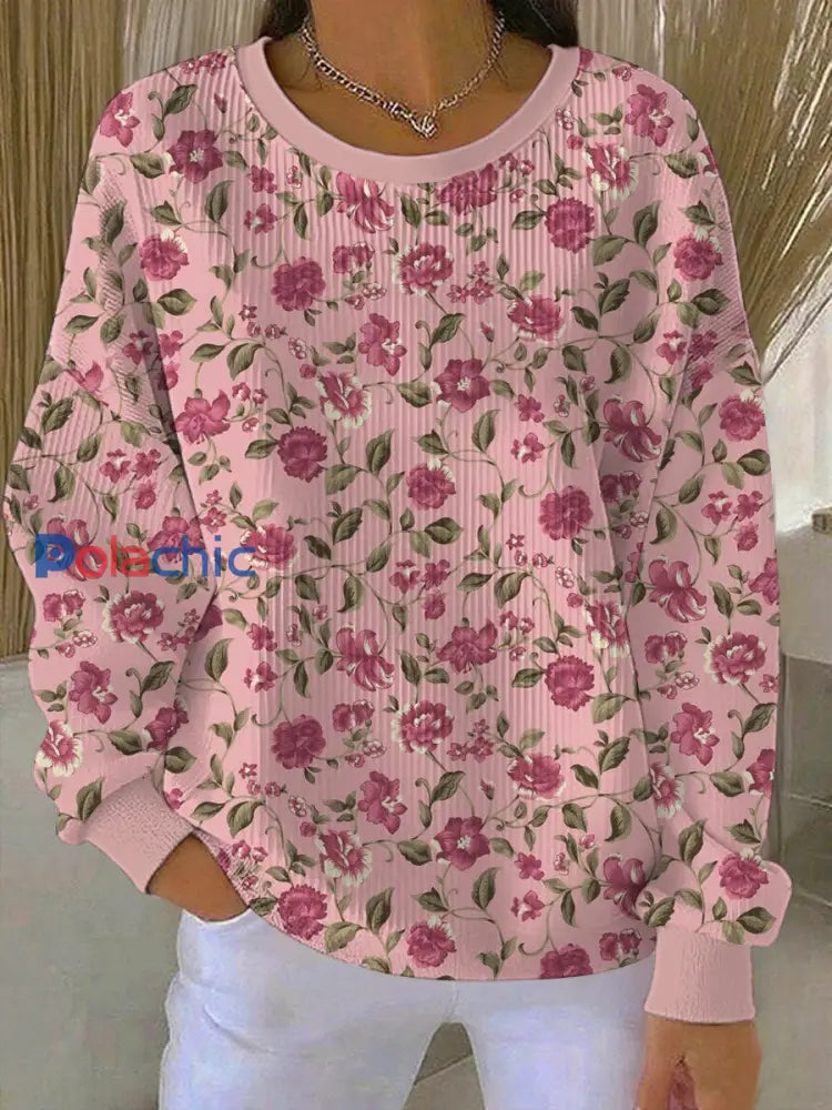 Women’s Breast Cancer Awareness Flowers Sweatshirt côtelé col rond Rose / S