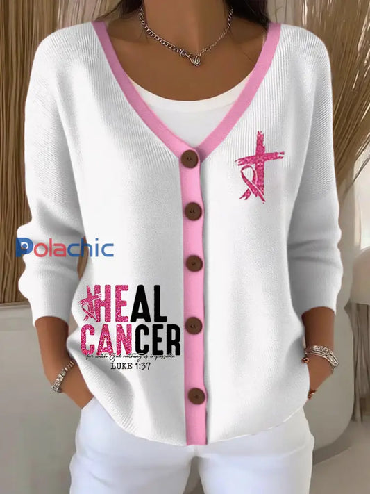 Women’s Breast Cancer Awareness Heal Cancer Pull cardigan ruban rose Blanc / S