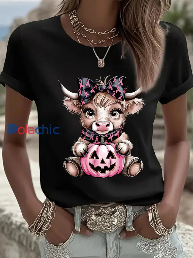 Women’s Breast Cancer Awareness Highland Cow Imprimer T-shirt décontracté Noir / S