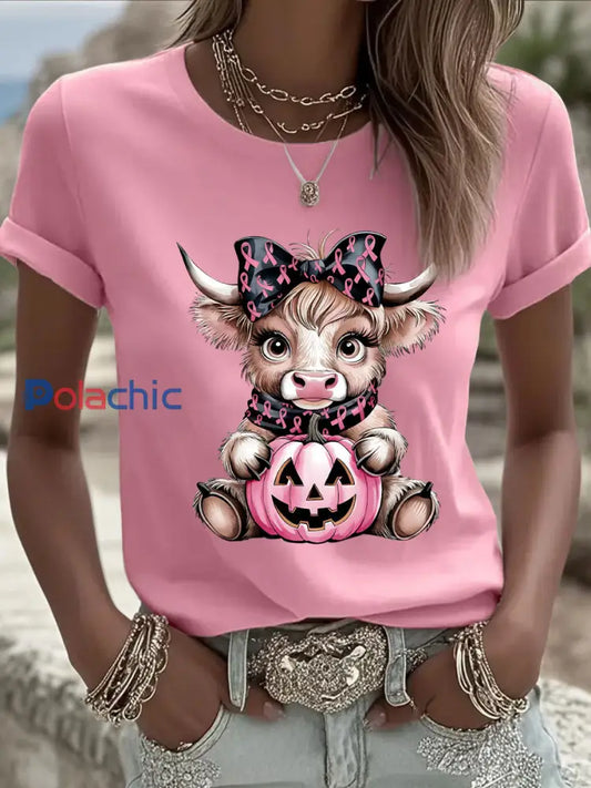 Women’s Breast Cancer Awareness Highland Cow Imprimer T-shirt décontracté Rose / S