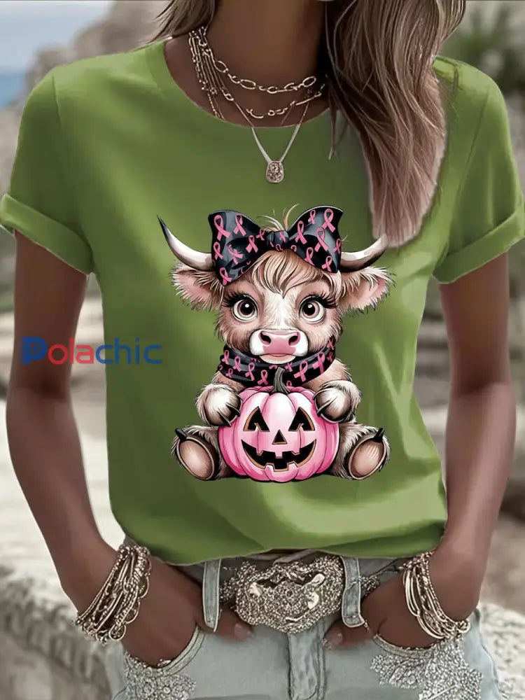 Women’s Breast Cancer Awareness Highland Cow Imprimer T-shirt décontracté Vert / S