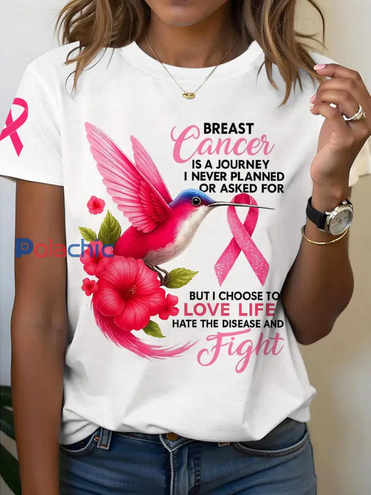 Women’s Breast Cancer Awareness Hummingbird Ribbon Imprimer T-shirt à manches courtes Blanc / S