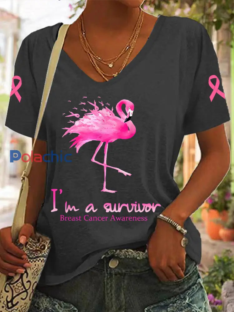 Women’s Breast Cancer Awareness I’m a Survivor Flamingo T-shirt gris foncé / S