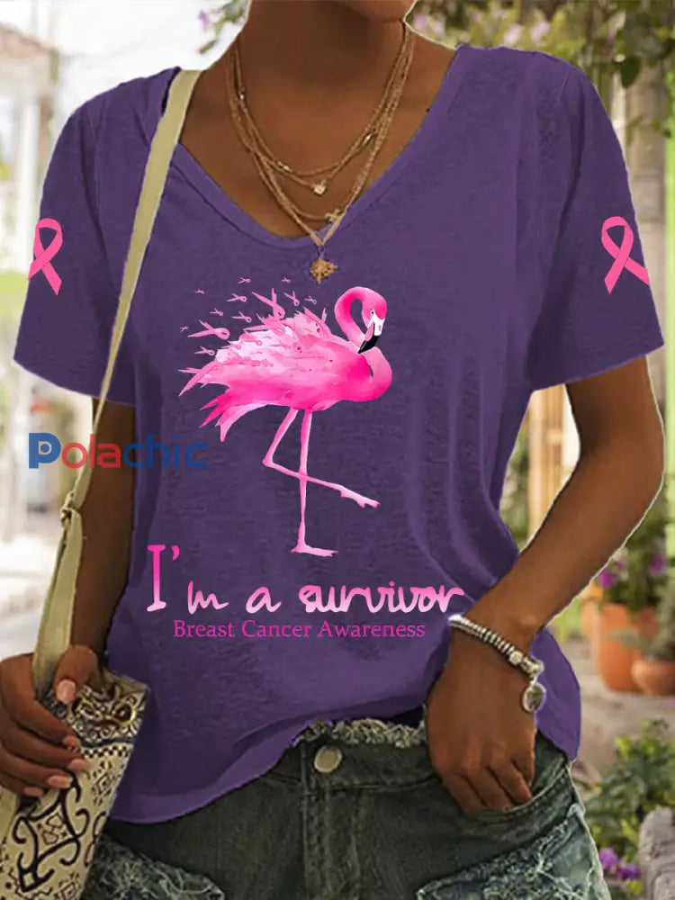 Women’s Breast Cancer Awareness I’m a Survivor Flamingo T-shirt pourpre profond / S