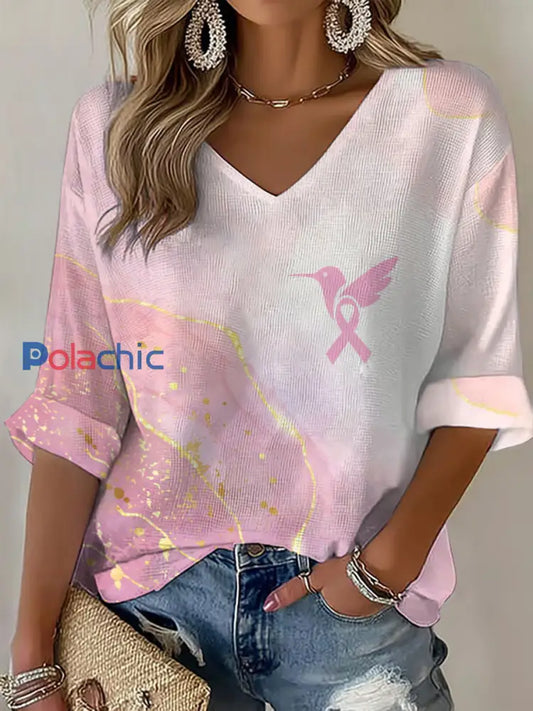 Women’s Breast Cancer Awareness Pink Colibri V Neck Waffle Top Rose / S