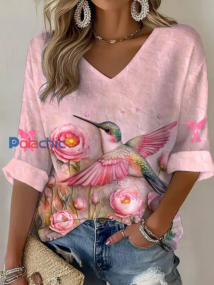 Women’s Breast Cancer Awareness Pink Colibri V Neck Waffle Top Rose / S
