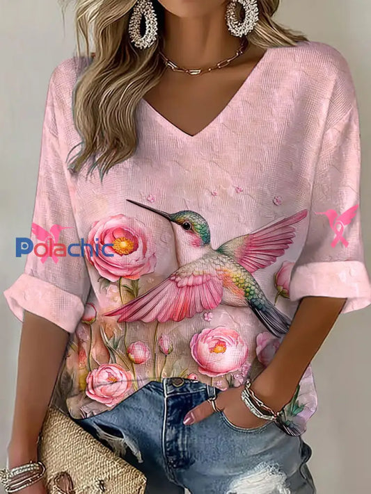 Women’s Breast Cancer Awareness Pink Colibri V Neck Waffle Top Rose / S
