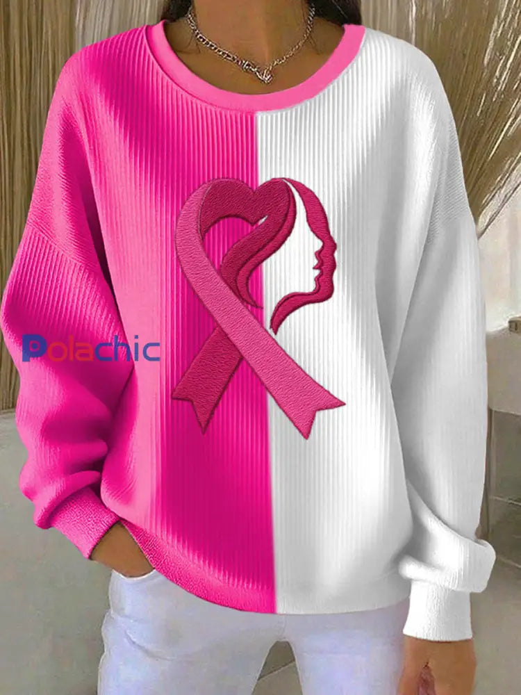 Women’s Breast Cancer Awareness Print Sweatshirt côtelé col rond Blanc / S