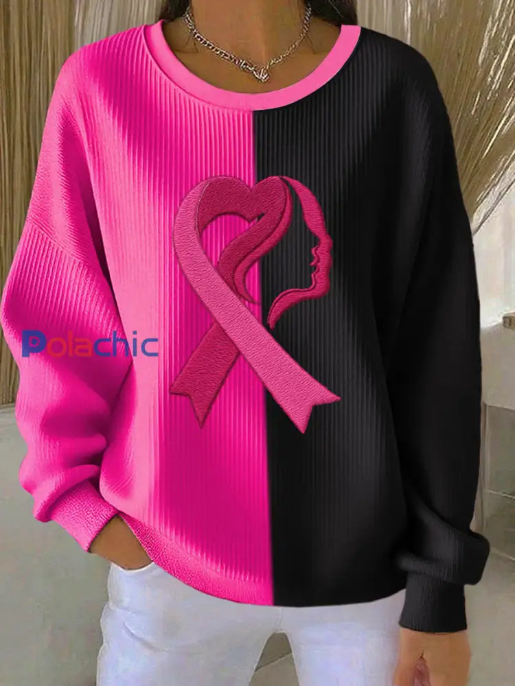 Women’s Breast Cancer Awareness Print Sweatshirt côtelé col rond Noir / S