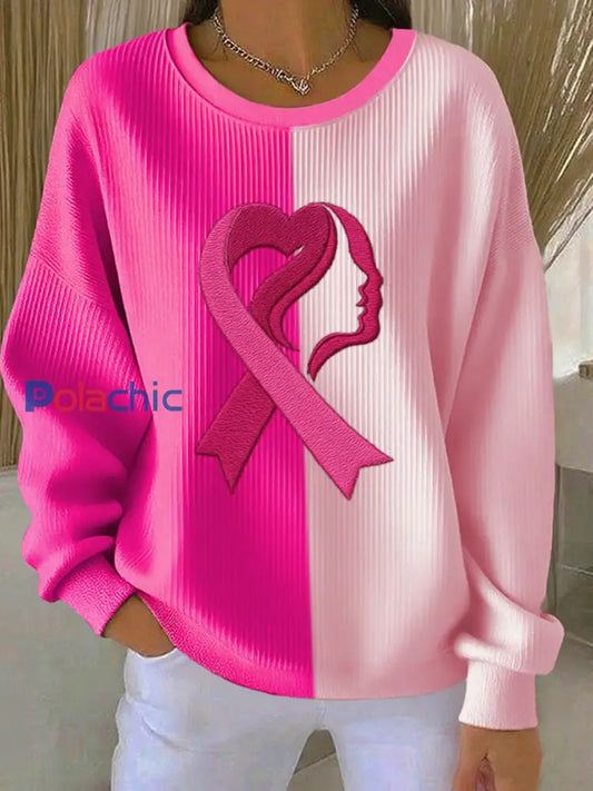 Women’s Breast Cancer Awareness Print Sweatshirt côtelé col rond Rose / S
