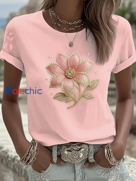Women’s Breast Cancer Awareness Rose Floral Art T-shirt à manches courtes Rose / S