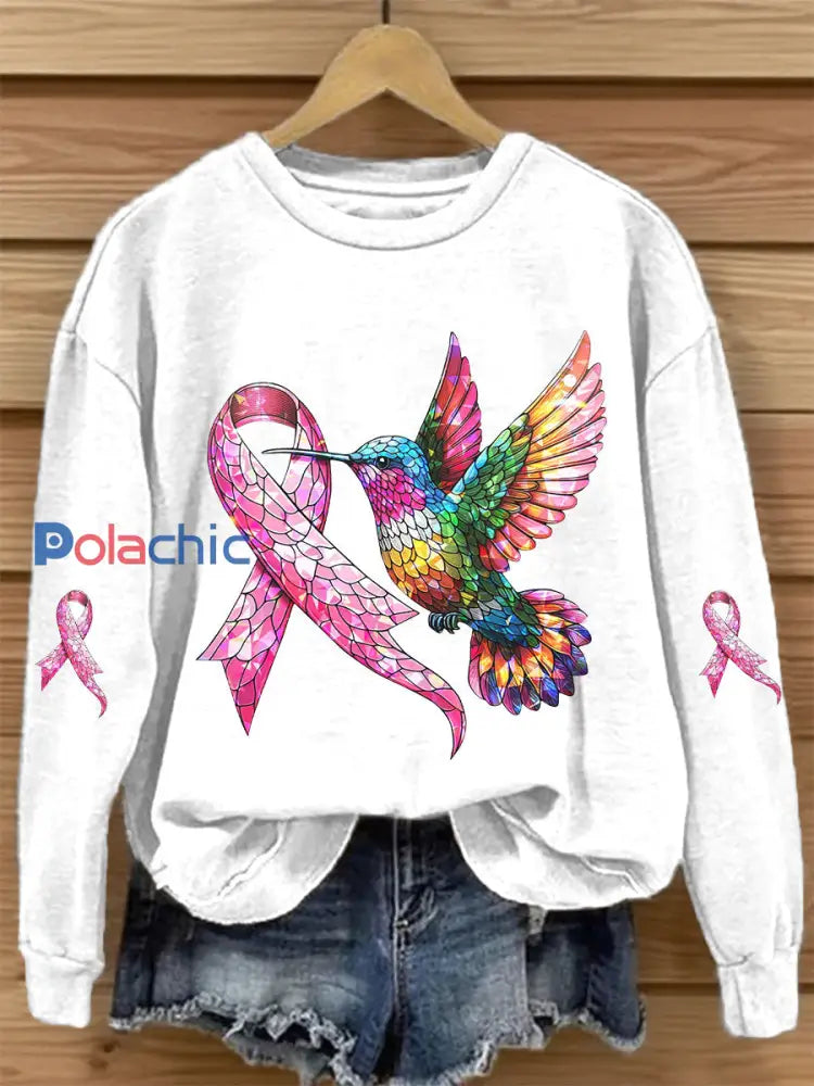Women’s Breast Cancer Awareness Rose Ruban Imprimer Sweatshirt Blanc / S
