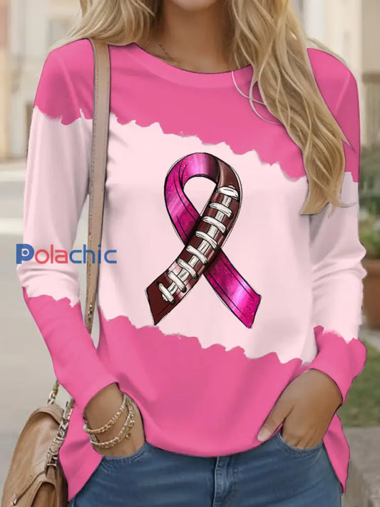 Women’s Breast Cancer Awareness Rugby Ruban Imprimer T-shirt décontracté à manches longues Rose / S