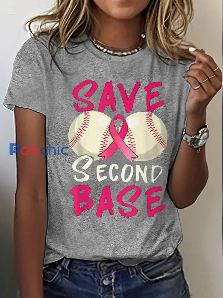 Women’s Breast Cancer Awareness Save Deuxième Base T-shirt imprimé gris clair / S