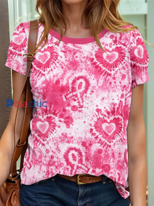 Women’s Breast Cancer Awareness Tie-Dye ruban coeur Imprimer T-shirt à manches courtes Rose / S