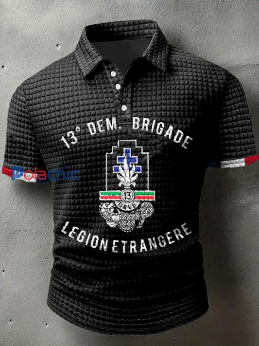 13rd Dem Brigade Imprimer Waffle Polo Neck T-shirt à manches courtes pour hommes Noir / S