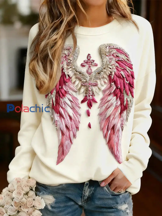 Ailes d’ange rose 3D T-shirt décontracté à manches longues pour femmes Jaune clair / S