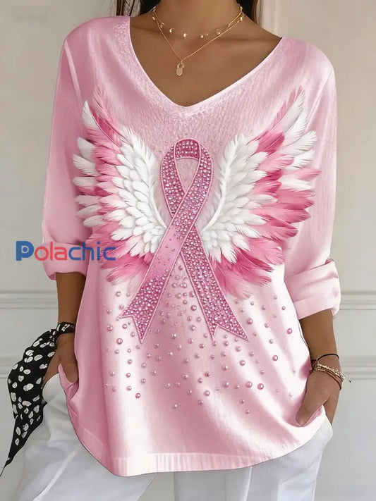 Ailes de ruban de contraste rose décontracté pour femmes T-shirt à manches longues imprimé ruban Rose / S