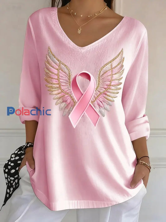 Ailes de ruban de contraste rose décontracté pour femmes T-shirt à manches longues imprimé ruban Rose / S