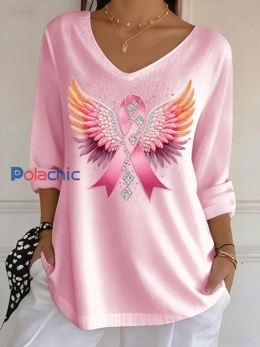 Ailes de ruban de contraste rose décontracté pour femmes T-shirt à manches longues imprimé ruban Rose / S