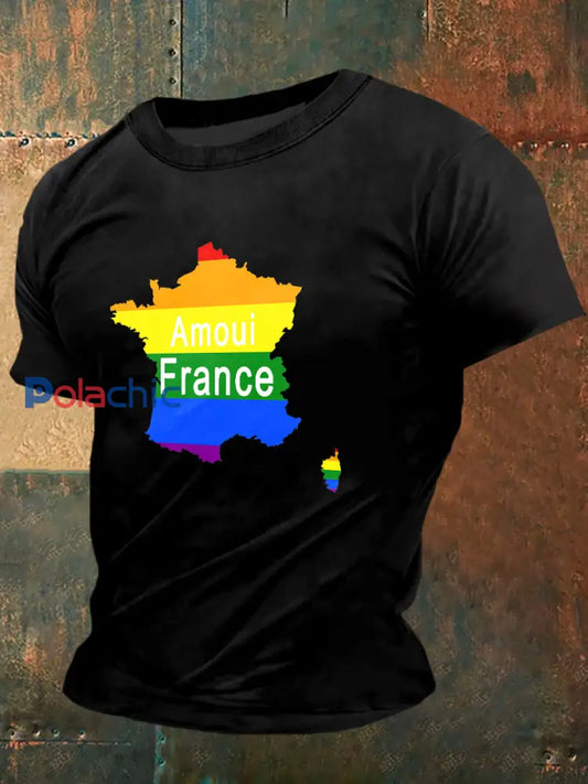Amoui France Print Vintage Fashion T-shirt à manches courtes pour hommes Noir / S