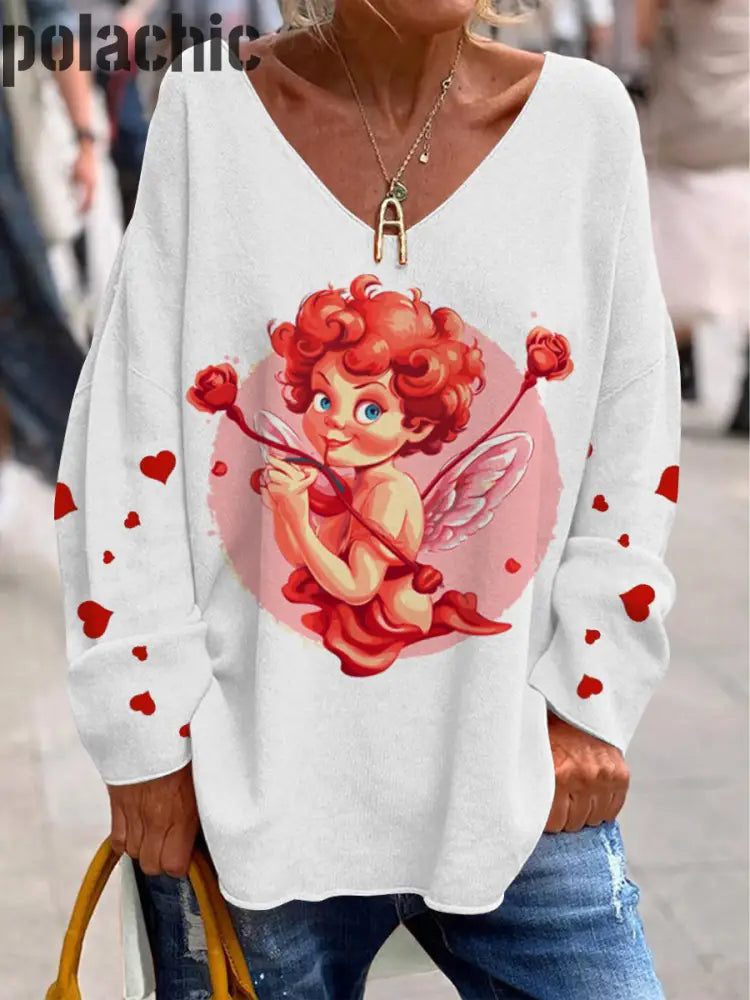 Amour Coeur Impression À La Mode Col En V Pull Décontracté Lâche Manches Longues De Cupidon