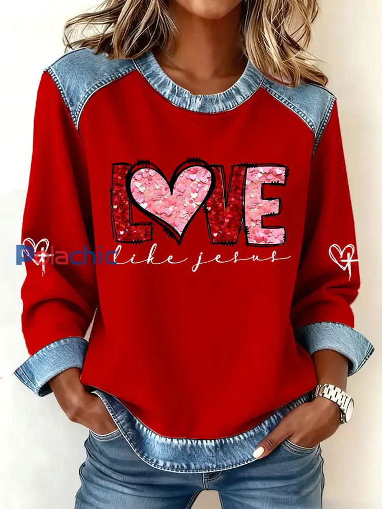 Amour de la Saint-Valentin des femmes comme Jésus Denim Patchwork Top Rouge / S