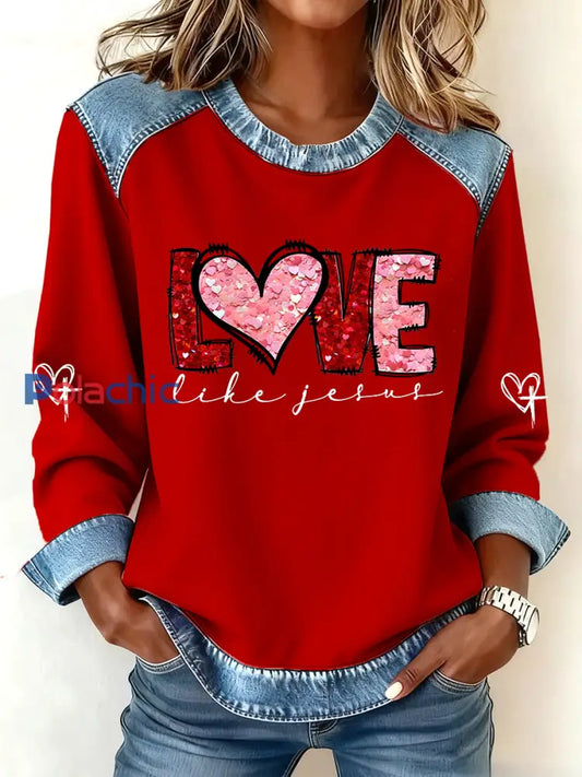 Amour de la Saint-Valentin des femmes comme Jésus Denim Patchwork Top Rouge / S